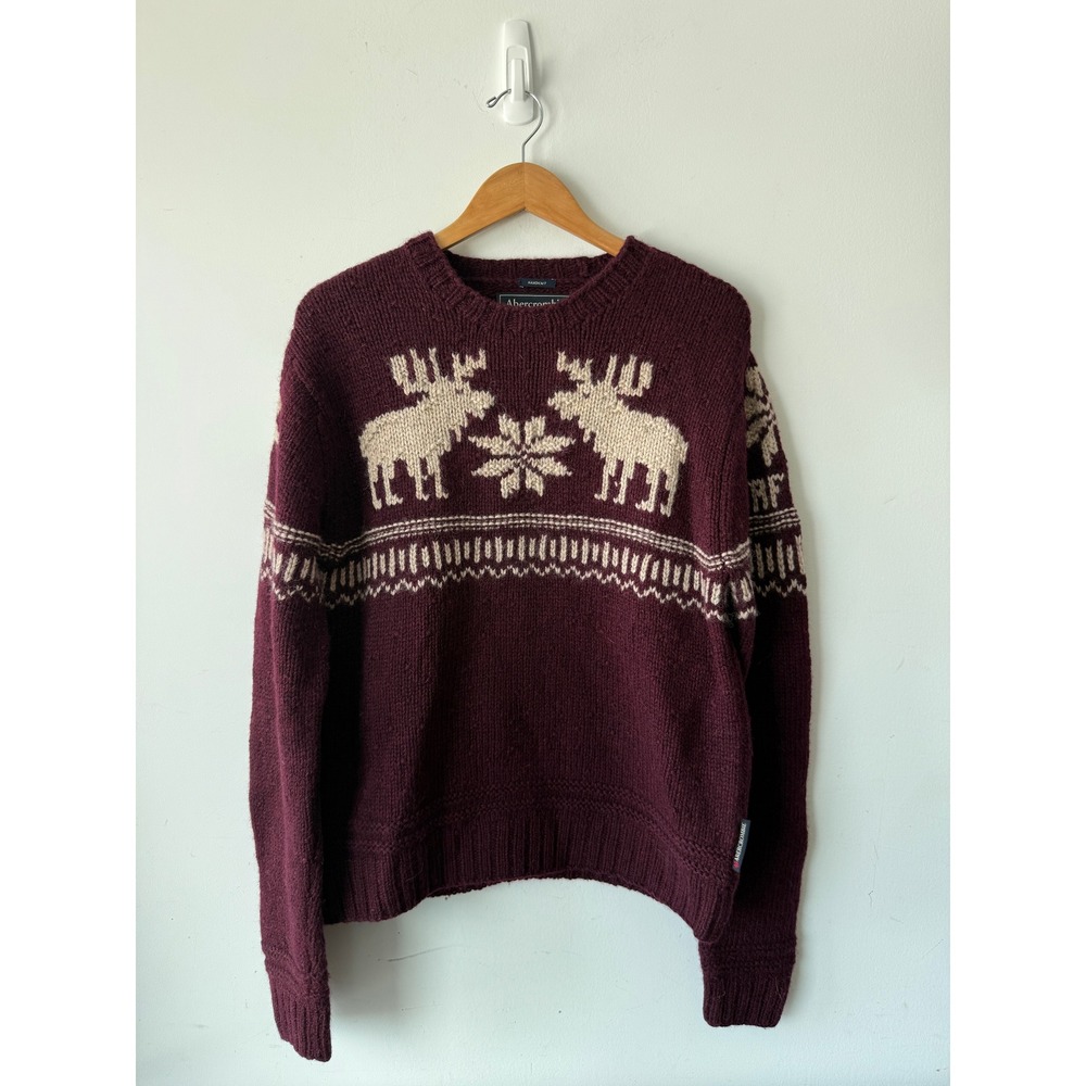 Abercrombie & Fitch Handknit Wool Moose Fair Isle Sweater Burgundy Mens Medium